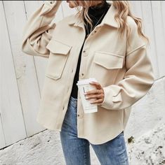 Button Front Closure Pockets 100% Polyester S(4) M(6) L(8/10) Outfit Shein, Wool Jackets Women, Outwear Fashion, Luxury Outerwear, Winter Trench Coat, Loose Coats, Beige Jacket, Trench Jacket, Casual Vest