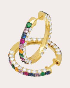 Forged in solid 18-karat yellow gold, these high-impact hoops outline their central row of multicolored gemstones with brilliant-cut white diamonds along the inner and outer edges. From Graziela Gems’ 3-Sided Collection, jewelry that shimmers and sparkles from all angles. Snap post back closure 18k yellow gold, multicolor sapphire, ruby, emerald and white diamond Gemstone carat: 2.87 ctw Diamond carat: 2.79 ctw Diamond color: G-H Polish with soft cloth Imported Measurements Diameter: 1in Rainbow Gemstones, Gem Diamonds, Ruby Emerald, Diamond Carat, Women Diamond, Diamond Color, Multi Stone, White Diamonds, Diamond Gemstone