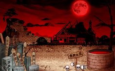 an image of a creepy halloween scene with pumpkins and skulls in the foreground