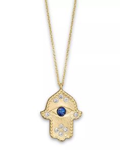 Meira T - Diamond Hamsa and 14K Yellow Gold Necklace, 16" Gold Diamond Jewelry With Evil Eye, Gold Diamond Jewelry With Evil Eye Detail, Gold Sapphire Necklaces With Diamond Accents, Sapphire Diamond Necklace, Sapphire Eyes, Gold Hamsa, Hamsa Pendant, 14k Yellow Gold Necklace, Yellow Gold Necklace