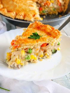 a slice of chicken pot pie on a plate