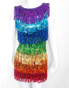 Rainbow sequin dress. Made in Thailand. | eBay! Multicolor Festival Dresses For Party, Multicolor Dress For Festival And Party, Multicolor Festival Dress For Party Season, Multicolor Dresses For Festival And Party Season, Sleeveless Sequin Festival Dresses, Sleeveless Festival Evening Dress, Sleeveless Evening Dress For Festival, Multicolor Spring Costume Party Dress, Rainbow Sequined Party Dress