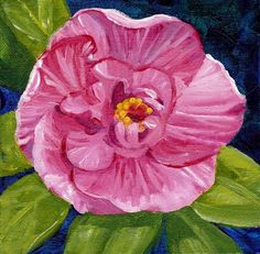 a painting of a pink flower with green leaves on the bottom and blue back ground