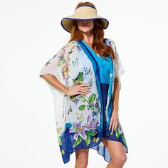 Vince Camuto 2-piece Lilly Lightweight Floral Topper and Visor Set Your beach and boardwalk essentials all in one set. Tropical-inspired florals bloom across this lightweight outfit completer while a roll-up sun visor tops off your entire look. Lightweight Casual Spring Cover-up, Blue Summer Cover-up With Upf 50+, Blue Swimwear For Summer Day Out, Blue Upf 50+ Summer Cover-up, Spring Tropical Print Swimwear For Day Out, Floral Print Short Sleeve Swimwear For Summer, Tropical Print Swimwear For Spring Day Out, Short Sleeve Floral Print Swimwear For Summer, Spring Blue Swimwear With Upf 50+