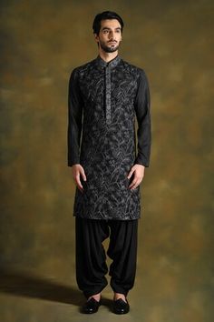 Intense black kurta with contrast grey floral thread embroidery and waves pattern on sleeves. Comes with stole and salwar. - Aza Fashions Floral Thread Embroidery, Black Kurta, Waves Pattern, Men Kurta, Thread Embroidery, Wave Pattern, Grey Floral, Embroidered Silk, Cotton Silk