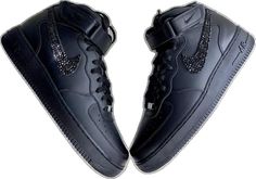 Sporty Black Sneakers With Rhinestones, Black Bling Sneakers With Round Toe, Swarovski Nike, Tie Sneakers, Bling Converse, Nike Air Force 1 Custom, Mid Top Shoes, Air Force 1 Mid, Air Force 1 Custom