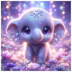 an adorable little elephant sitting on top of a field of flowers with bubbles in it's ears