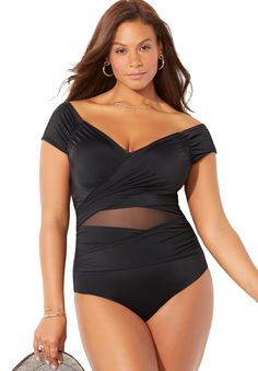 While you catch the sun rays, this stylish one piece will catch loads of compliments. Some of the features that make it so captivating are, well, cap sleeves, a flirty sweetheart neckline and mesh cut-out detail. It also has tummy smoothing Power Mesh lining to help shape and flatter figures beautifully. Sweetheart necklinePower Mesh encircled shelf bra with plush elastic underband and sewn-in soft cupsCap sleevesFully lined swimsuit with Power Mesh tummy-control front liningMesh inset Full bott Nkotb Cruise, Honeymoon Clothes, Halter Bathing Suit, Perfect Swimsuit, Cut Out One Piece, Swimsuit Black, Swimsuits For All, Sun Rays, Swim Dress