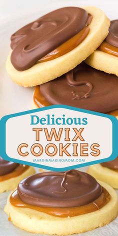 cookies with chocolate frosting on top and the words delicious twix cookies above them