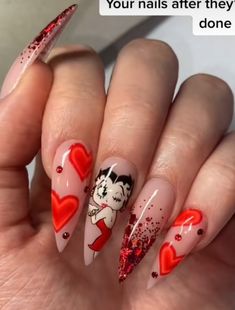 Valentines Nails Characters, Valentines Day Nails Cartoon, Valentine Character Nails, Easter Nails Short, Betty Boop Nails, Easter Spring Nails, Nail Art Designs Valentines, Nail Art Designs Valentines Day, Nail Designs For Beginners