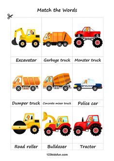 an image of trucks and tractors matching the words