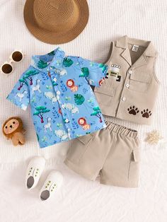 3pcs/Set Baby Boy Cartoon Animal Print Shirt, Car Pattern Vest & Shorts Summer Outfits Multicolor     Cartoon,Colorblock,Dinosaur  Non-Stretch  Baby Boys Clothing, size features are:Bust: ,Length: ,Sleeve Length: Family Matching Sets With Cartoon Print Short Sleeves, Cotton Dinosaur Print Sets With Short Sleeves, White Dinosaur Print Summer Sets, Short Sleeve Sets With Cartoon Print For Playtime, Playtime Cartoon Print Short Sleeve Sets, Cotton Sets With Dinosaur Print And Short Sleeves, Spring Cotton Sets With Dinosaur Print, Cute Dinosaur Print Sets For Summer, Cartoon Print Playtime Sets With Short Sleeves