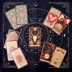 nine tarot cards are arranged in a circle