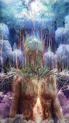 a digital painting of a man surrounded by clouds