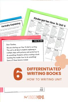 six differentiated writing books with the text how to write unit on top and below them