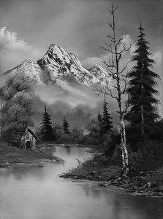 a black and white painting of a mountain with a lake in the foreground, surrounded by pine trees