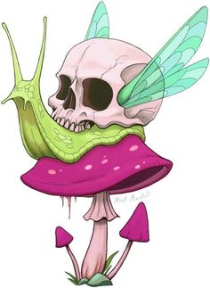 a skull sitting on top of a mushroom with a green bug in it's mouth