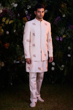 Papyrus white silk chanderi quilted jacket with floral hand block print. Comes with trouser and a kurta. - Aza Fashions Trouser Pattern, Dia Mirza, Kurta Set For Men, Pattern Jacket, Cocktail Reception, Luxury Sale, Mens Wear, Jacket Pattern, Kurta Set