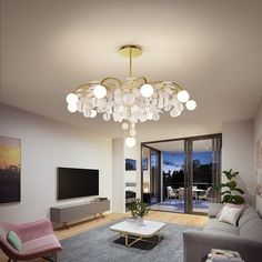 a living room filled with furniture and a flat screen tv mounted on the wall next to a window