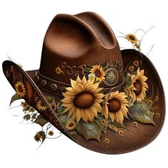 a brown cowboy hat with sunflowers and leaves on the side, isolated against a white background