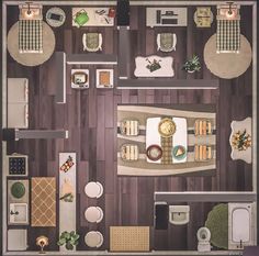 an overhead view of a living room and dining area in a house with wood flooring