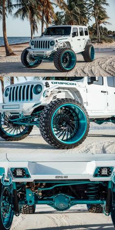 four different views of the front and rear wheels of a white jeep with teal accents