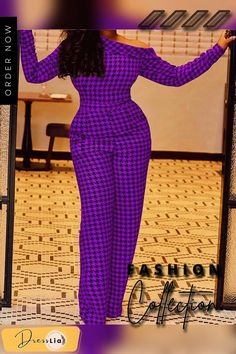 Plaid Print Long Sleeve Slant Shoulder Loose Jumpsuit Purple Fitted Jumpsuits And Rompers For Work, Chic Purple Jumpsuits And Rompers For Work, Purple Long Sleeve Workwear Pantsuit, Purple Long Sleeve Pantsuit For Work, Loose Jumpsuit, Jumpsuits And Romper, Color Pick, Jumpsuit Fashion, Plaid Print