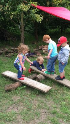 three children playing on wooden planks in the grass