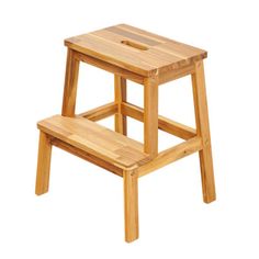 a wooden step stool sitting on top of a white background