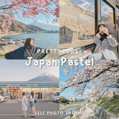 the collage shows people walking, taking pictures, and cherry blossom trees in bloom