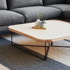 a living room with a gray couch and coffee table