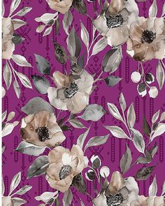 a purple floral wallpaper with leaves and flowers