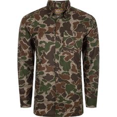 a camo shirt with long sleeves and buttons on the chest, it is also available for