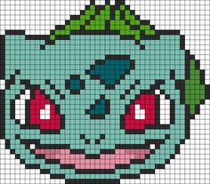 an image of a pixel art piece with red eyes and green leaves on its head