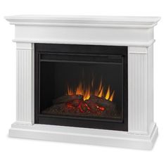 a white fireplace with flames on it