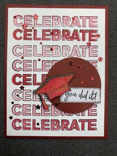 a red and white card with an umbrella on it's side that says celebrate