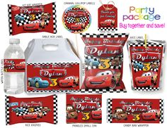 cars birthday party package including water bottle, napkins and candy bar wrappers with free printable tags