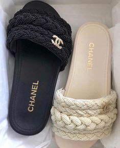 Classy Sandals, Chanel Ribbon, Chanel Slippers, Shoe Diva, Mule Slides, Outfit Pieces, Chanel Pearl