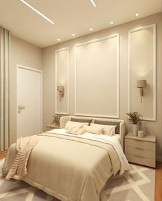 a bedroom with a large bed and white walls