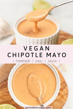 vegan chipotle mayo in a small white bowl with a spoon and lime wedges