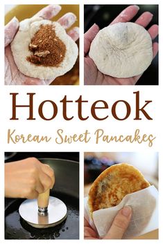 the cover of hotteok korean sweet pancakes, with pictures of different foods