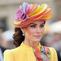 the woman is wearing a colorful hat with flowers on it