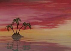 a painting of two palm trees in the middle of water with an orange and pink sky behind them