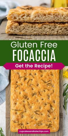 gluten free focaccia recipe on a cutting board with text overlay