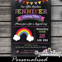 Printable chalkboard Rainbow Birthday Invitations for a colorful and cheerful girl celebration.  #CustomInvitations #PersonalizedInvitations #partyideas  #birthdayinvitation #birthday #party #invitation #cool #invitations #kidsbirthdayparty  #rainbowparty #rainbowtheme  #rainbowbirthday  #rainbowinvitations Birthday Resolutions, Toddler Birthday Themes, Rainbow Birthday Invitations