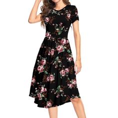 Aiyino Womens Summer Casual Swing Midi Dress.This dresses for women featuring trendy puff sleeves and a flattering high waist, midi dresses for women is made from lightweight and breathable fabric, making it perfect for those hot summer days. The beautiful floral print adds a touch of bohemian charm, while the versatile design makes it easy to dress up or down to suit your personal style. Size: 4" x 4" x 2".  Color: Black.  Gender: female.  Age Group: adult.  Pattern: polka dot. Midi Dresses For Women, Dance Women, Flowy Midi Dress, Casual Short Sleeve Dress, Dress Pleated, Fabric Making, Empire Waist Dress, Empire Dress, Dress Picture