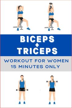 a woman doing exercises with dumbbells and the words, biceps and triceps workout for women 15 minutes only