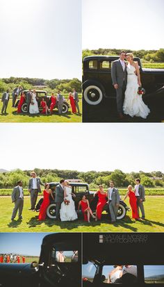 the bride and groom pose with their bridal party in front of an old car