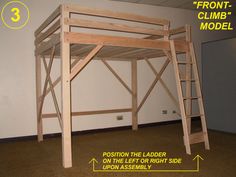 a wooden loft bed with ladders on the bottom and lower bunk above it, labeled front - climbr model