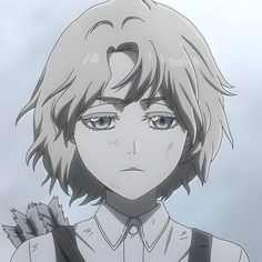 an anime character with short hair and blue eyes looks at the camera while standing in front of a cloudy sky